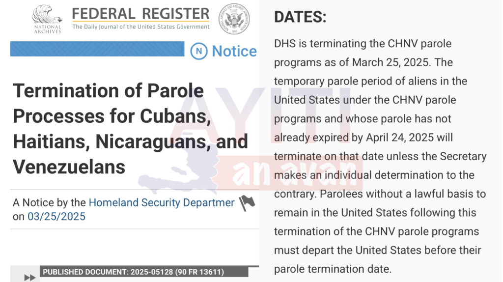 Administrasyon Trump lan deside mete fen nan pwogram CHNV a ki te pèmèt 532 000 moun ki te soti Kiba, Ayiti, Nikaragwa, ak Venezyela antre Etazini legalman.