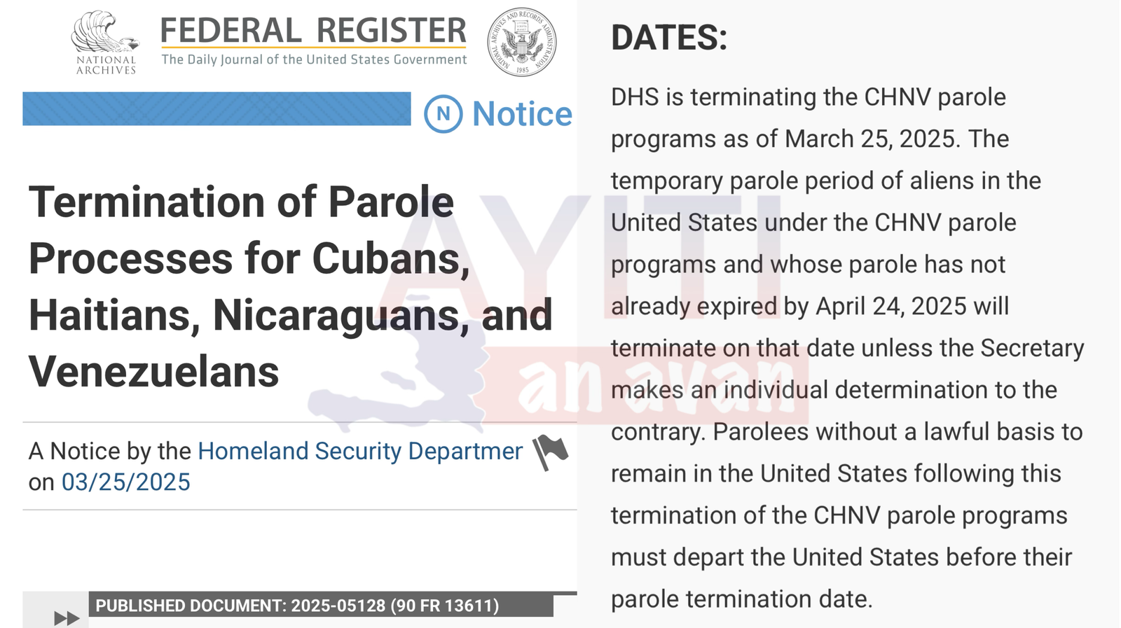 Administrasyon Trump lan deside mete fen nan pwogram CHNV a ki te pèmèt 532 000 moun ki te soti Kiba, Ayiti, Nikaragwa, ak Venezyela antre Etazini legalman.