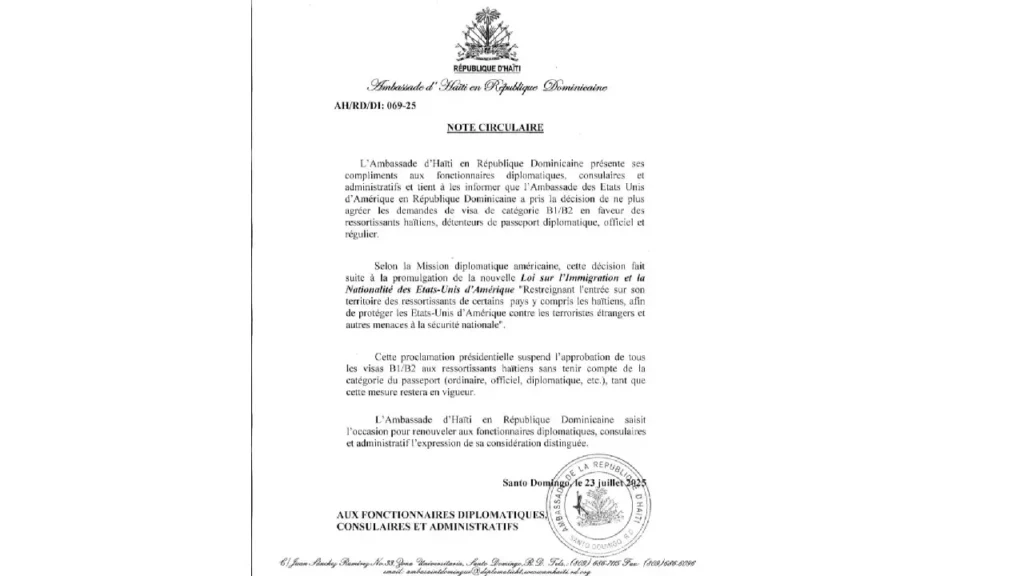Note circulaire émise par l’ambassade d' Haïti en République dominicaine à l’intention des agents diplomatiques, consulaires et administratifs.