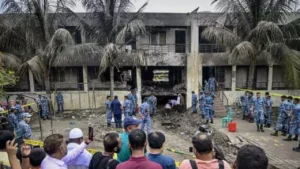 Le complexe scolaire Milestone à Dacca le mardi 22 juillet 2025. | MUNIR UZ ZAMAN / AFP