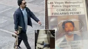 Shane D. Tamura, le tireur de Manhattan, armé dans la rue (gauche) et détenteur d’un permis d’arme (droite). En bas, une image de la scène du drame.(Photo publiée par New YorkPost)