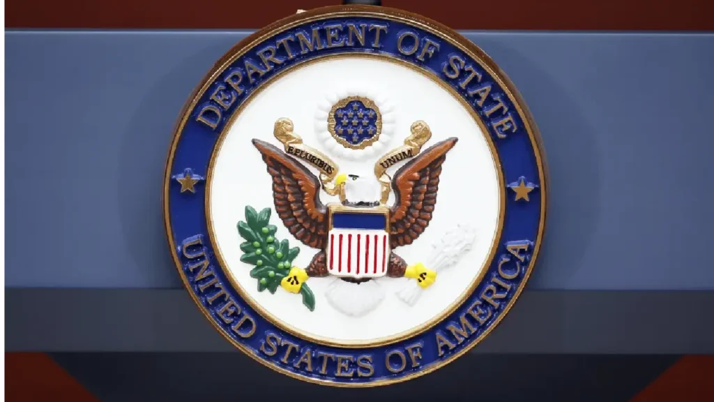 The seal of the State Department is photographed at the Washington Passport Agency, July 12, 2016, in Washington. (AP Photo/Alex Brandon, File)