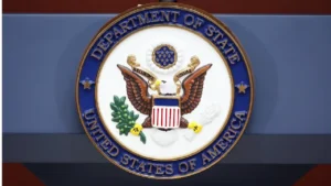 The seal of the State Department is photographed at the Washington Passport Agency, July 12, 2016, in Washington. (AP Photo/Alex Brandon, File)