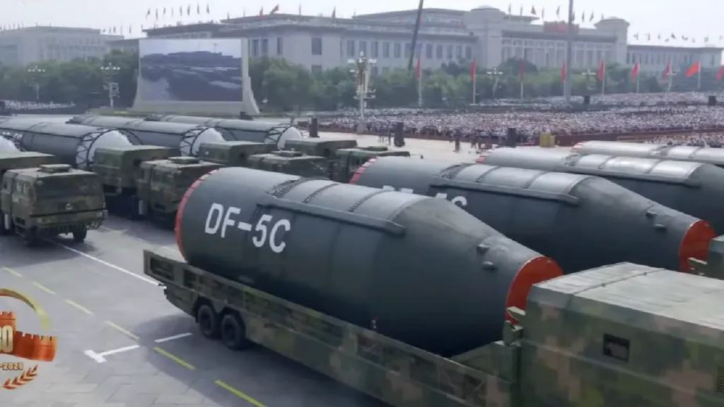 The DF-5C liquid-fueled intercontinental strategic nuclear missile makes debut at China's V-day military parade on September 3, 2025. Photo: Screenshot from CCTV News