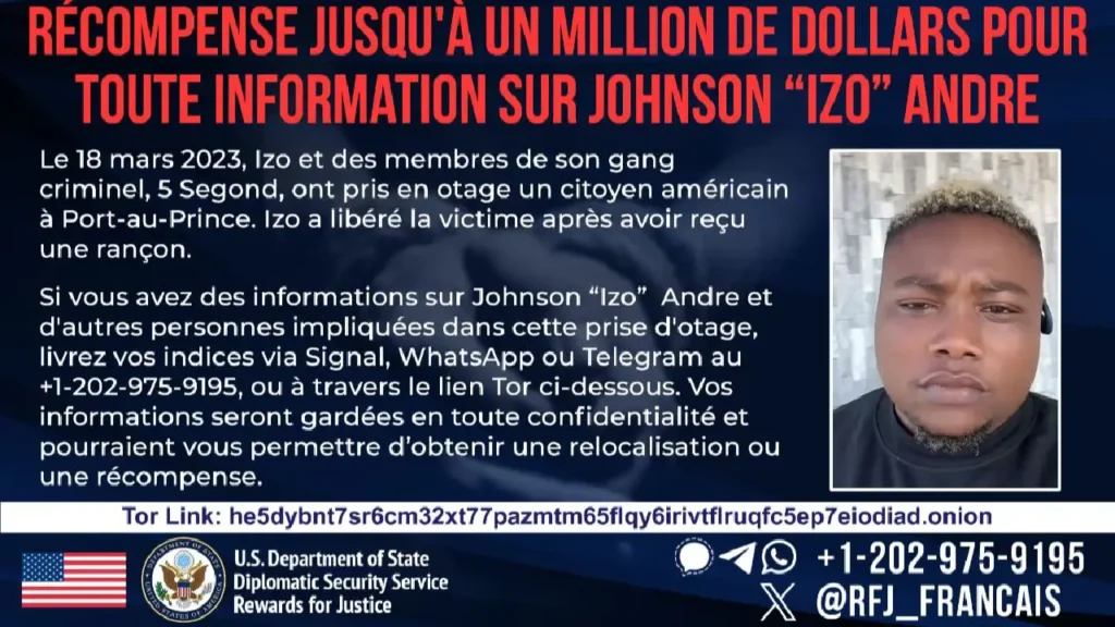 Récompense ou relocalisation pour toute information utile sur Izo. Photo tirée de la page X du Département d'Etat américain Rewards for justice en français.