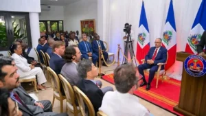 Le Premier ministre haïtien, Alix Didier Fils-Aimé, ce lundi à la Villa d'accueil lors de la cérémonie officielle de présentation du Pacte national pour la stabilité et l’organisation des élections.