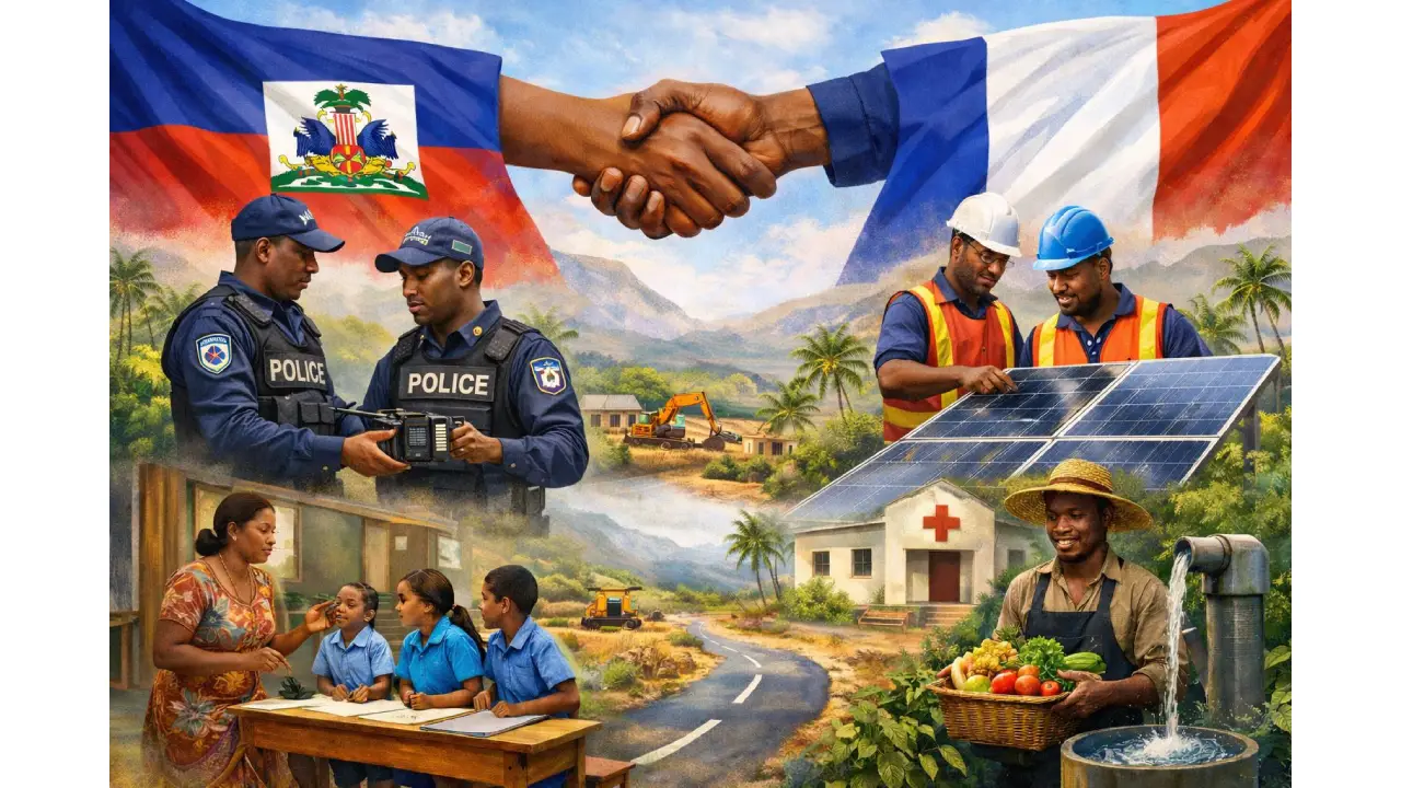 Coopération à hauteur de 45 millions d'euros entre la France et Haiti pour le développement, la sécurité et l'humanitaire. Image générée par l'IA.