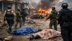 Près de 17 morts dans une attaque attribuée au gang Gran Grif. Image générée par l'IA.