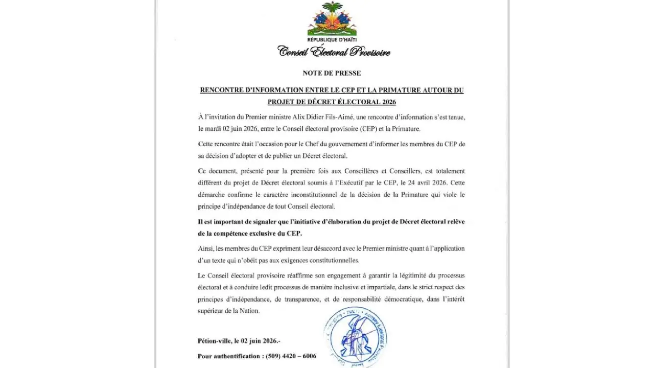 Note du CEP après une rencontre d'information avec le PM Alix Didier Fils-Aimé sur le projet de décret électoral. Photo publiée par CEP HAITI.
