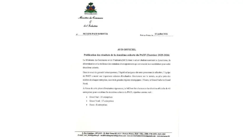 Publication des résultats de la deuxième cohorte du Programme d'Appui à l'Entrepreneuriat Féminin (PAEF). Photo publiée par @MincommerceHT.