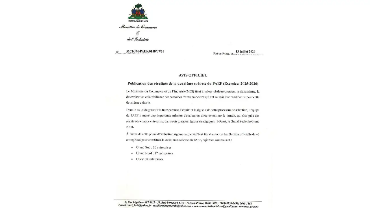 Publication des résultats de la deuxième cohorte du Programme d'Appui à l'Entrepreneuriat Féminin (PAEF). Photo publiée par @MincommerceHT.