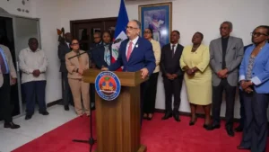 Le Premier ministre Alix Didier Fils-Aimé s’exprimant lors de son retour du 51e Sommet des Chefs d’État et de Gouvernement de la CARICOM. Photo publiée par @PrimatureHT.
